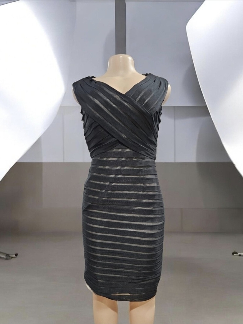 Adrianna Papell Black Striped Wrap-Style Midi Dress